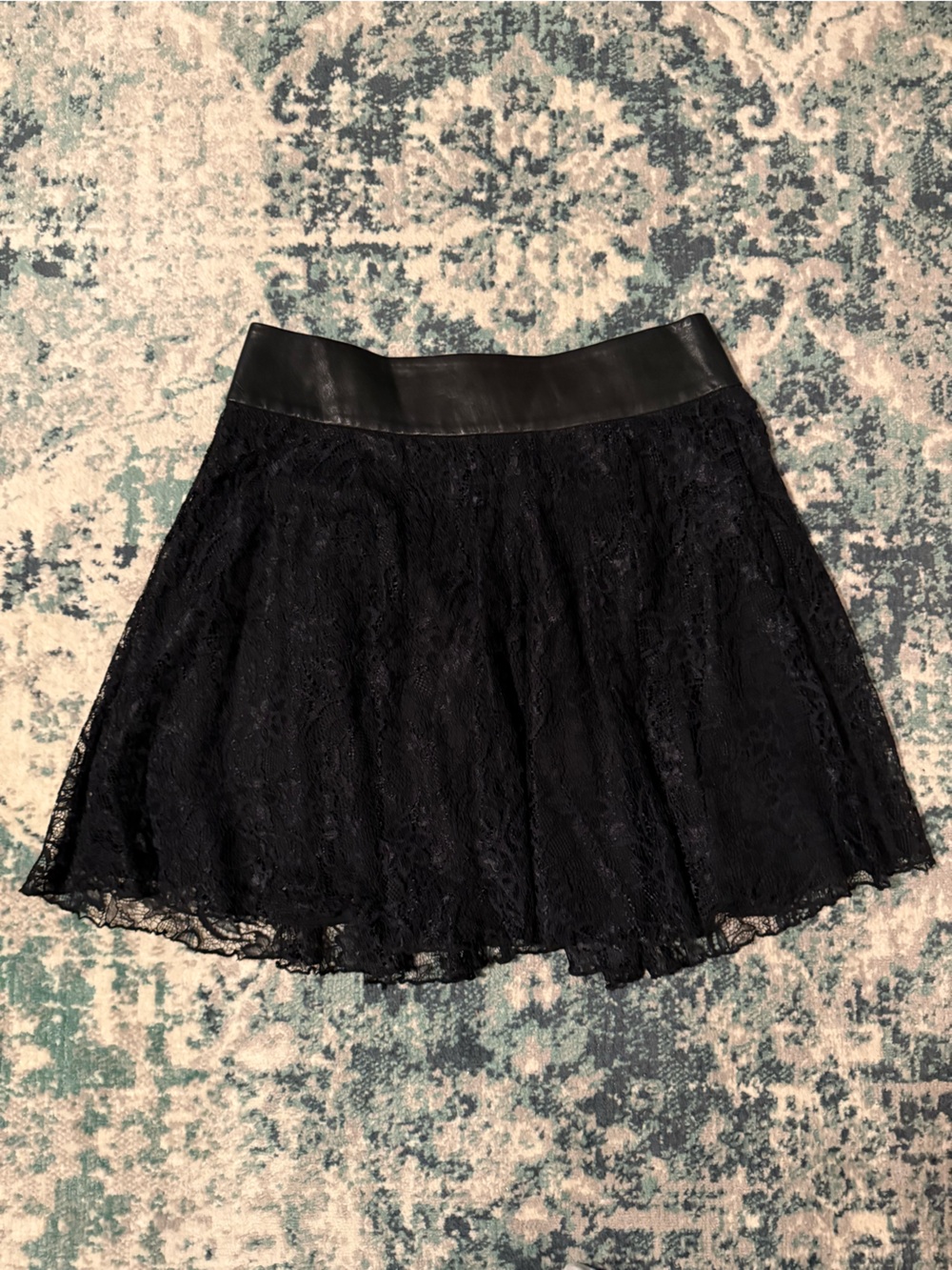 $395 USD Alice + Olivia Black Lace Mini Skirt with Genuine Leather Waistband 6